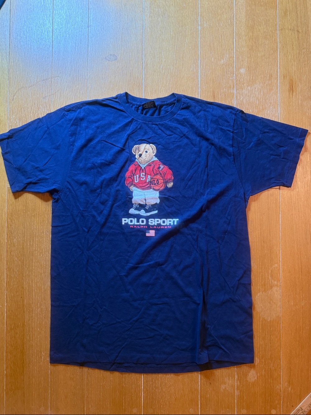 Men’s Vintage Ralph Lauren Navy Polo Sport Basketball Bear Tee Large